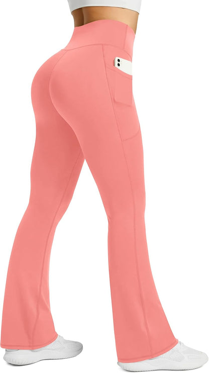 Womens Flared Yoga Pants with Pockets, High Waisted Flare Leggings Bell Bottom Bootcut Yoga Dress Pants