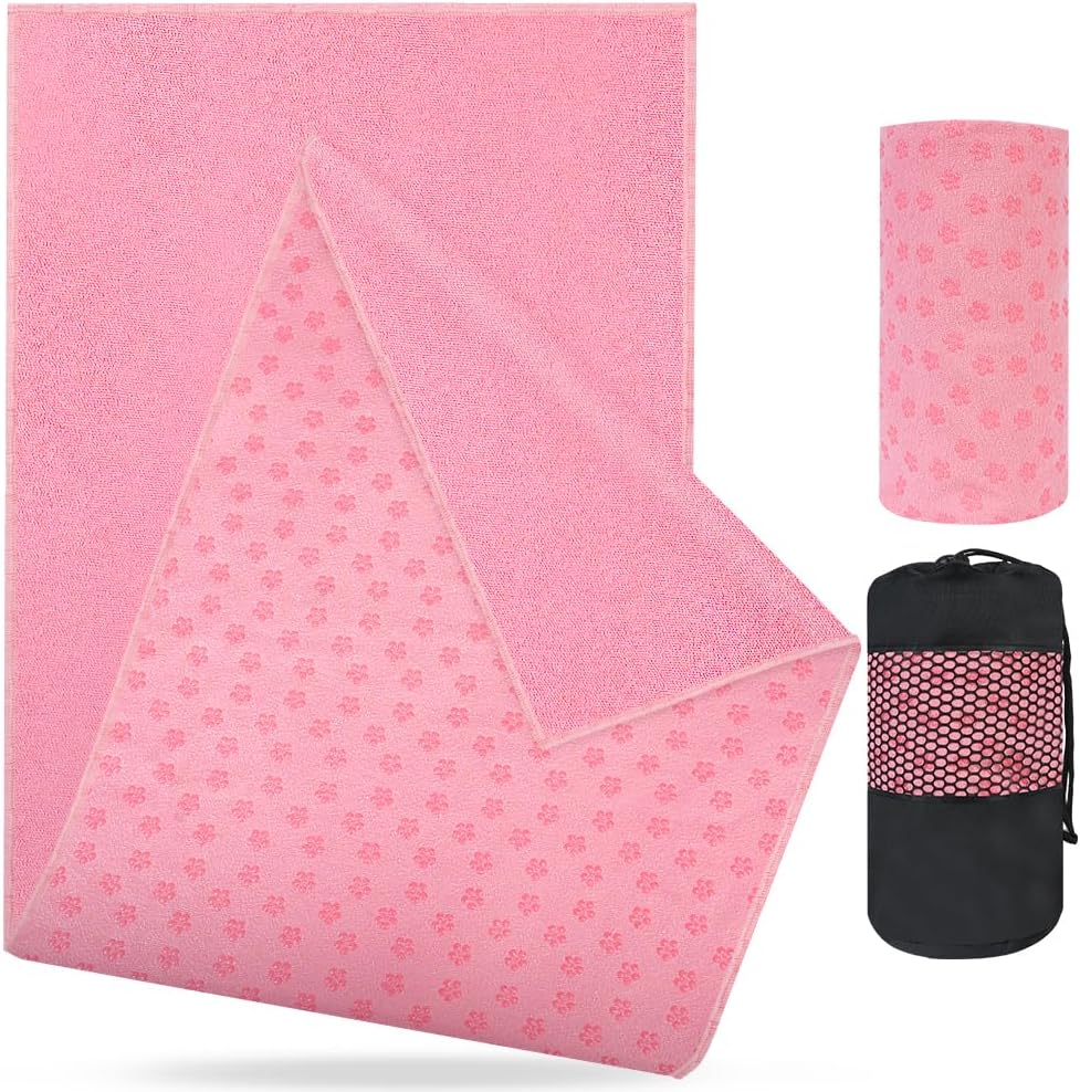 Yoga Towel, Yoga Mat Towel with Grip Dots, Microfiber Yoga Blanket Towels, Soft & Breathable, with Quick Dry Towels and Mesh Carry Bag, for Bikram, Pilates and Workout, 24" x72", Pink