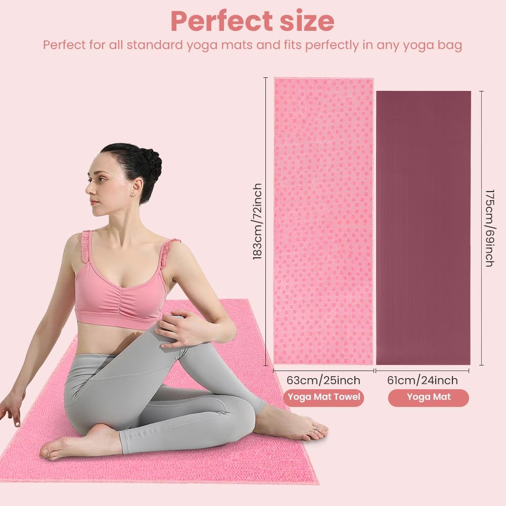 Yoga Towel, Yoga Mat Towel with Grip Dots, Microfiber Yoga Blanket Towels, Soft & Breathable, with Quick Dry Towels and Mesh Carry Bag, for Bikram, Pilates and Workout, 24" x72", Pink