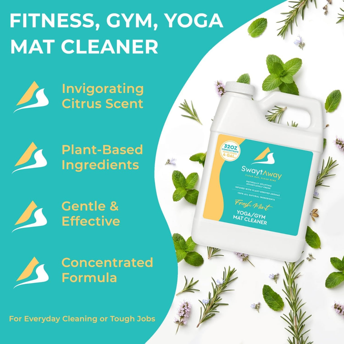 SwaytAway Fitness Mat Cleaner Concentrate – 32oz/Make 4 Gal - No-Slip No-Residue Lavender Essential Oil Formula – USA Made Aromatherapy Yoga Mat Spray for Home & Studio – Natural Cleaning Solution