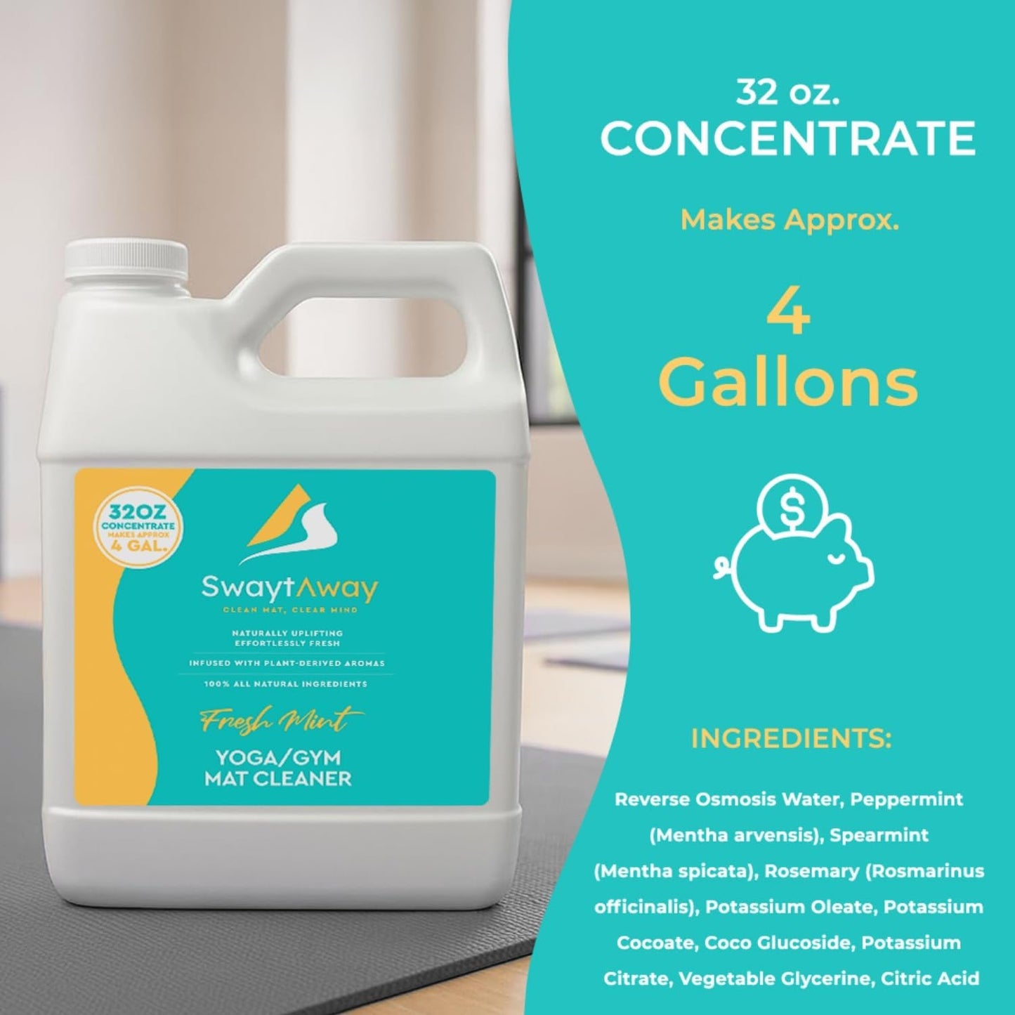 SwaytAway Fitness Mat Cleaner Concentrate – 32oz/Make 4 Gal - No-Slip No-Residue Lavender Essential Oil Formula – USA Made Aromatherapy Yoga Mat Spray for Home & Studio – Natural Cleaning Solution