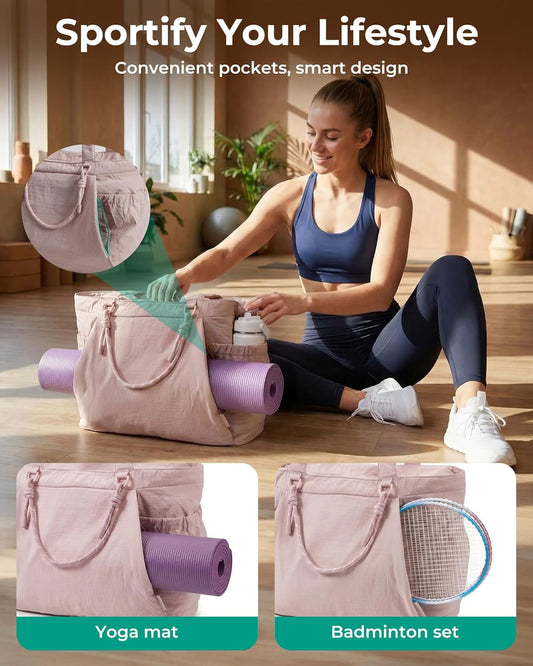 Yoga Pilates Tote Bag for Women with Knotted Handle, Gym Bag | 23L lightweight & waterproof shoulder sling bag, gym bag with yoga mat holder, for 15.6'' Laptop, ideal for work travel