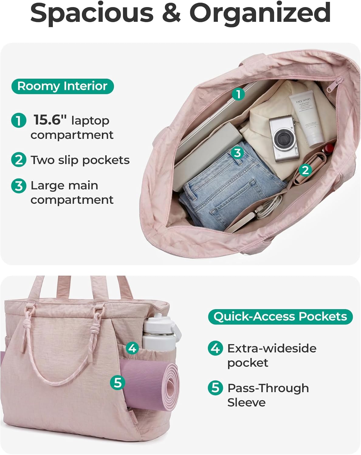 Yoga Pilates Tote Bag for Women with Knotted Handle, Gym Bag | 23L lightweight & waterproof shoulder sling bag, gym bag with yoga mat holder, for 15.6'' Laptop, ideal for work travel