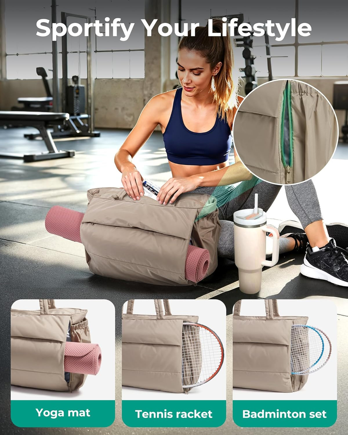 Yoga Pilates Tote Bag for Women with Knotted Handle, Gym Bag | 23L lightweight & waterproof shoulder sling bag, gym bag with yoga mat holder, for 15.6'' Laptop, ideal for work travel