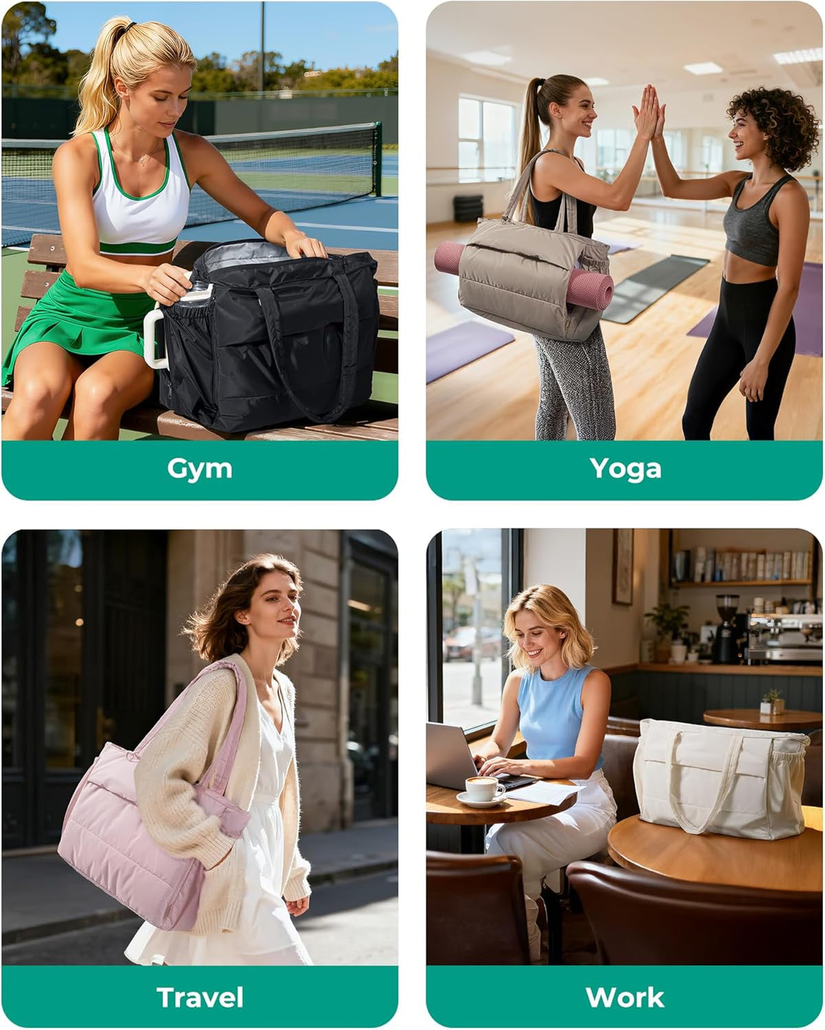 Yoga Pilates Tote Bag for Women with Knotted Handle, Gym Bag | 23L lightweight & waterproof shoulder sling bag, gym bag with yoga mat holder, for 15.6'' Laptop, ideal for work travel