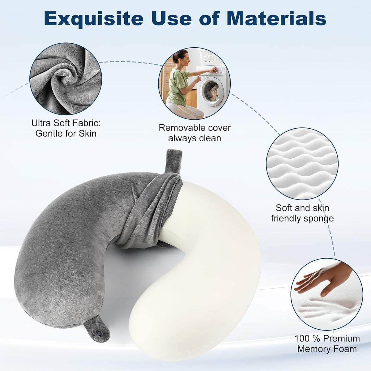 Travel Pillow 100% Pure Comfortable U Shape Memory Foam Pillows Neck and Head Support Portable Travel Neck Pillow Suitable for Planes Airplane for Traveling,Train,Self-Drivingng Car,(Grey)