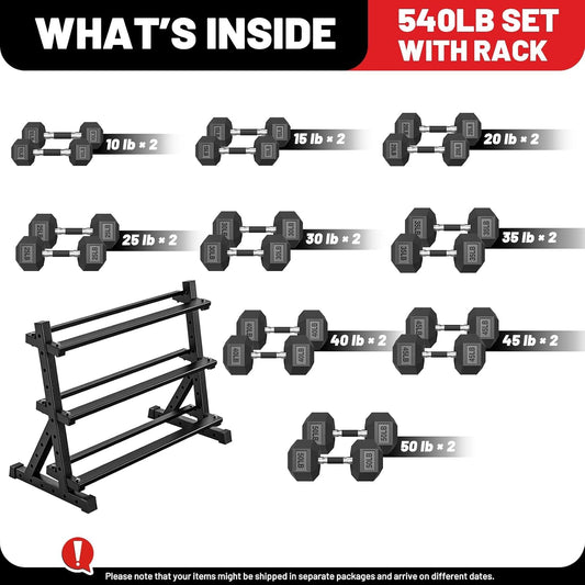 PAPABABE Dumbbell Set with Rack, 540-850lb, Rubber Encased, Home Gym | Complete & Durable Cast Iron Core Odorless PVC Antiroll Hex Shape Ergonomic Chrome Handle Versatile Home Gym
