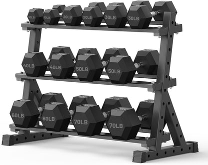 PAPABABE Dumbbell Set with Rack, 540-850lb, Rubber Encased, Home Gym | Complete & Durable Cast Iron Core Odorless PVC Antiroll Hex Shape Ergonomic Chrome Handle Versatile Home Gym
