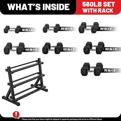 PAPABABE Dumbbell Set with Rack, 540-850lb, Rubber Encased, Home Gym | Complete & Durable Cast Iron Core Odorless PVC Antiroll Hex Shape Ergonomic Chrome Handle Versatile Home Gym