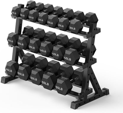 PAPABABE Dumbbell Set with Rack, 540-850lb, Rubber Encased, Home Gym | Complete & Durable Cast Iron Core Odorless PVC Antiroll Hex Shape Ergonomic Chrome Handle Versatile Home Gym
