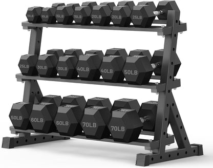 PAPABABE Dumbbell Set with Rack, 540-850lb, Rubber Encased, Home Gym | Complete & Durable Cast Iron Core Odorless PVC Antiroll Hex Shape Ergonomic Chrome Handle Versatile Home Gym
