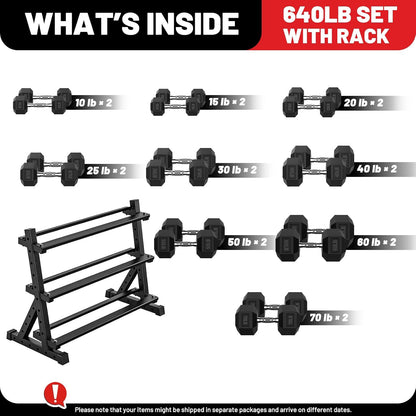 PAPABABE Dumbbell Set with Rack, 540-850lb, Rubber Encased, Home Gym | Complete & Durable Cast Iron Core Odorless PVC Antiroll Hex Shape Ergonomic Chrome Handle Versatile Home Gym