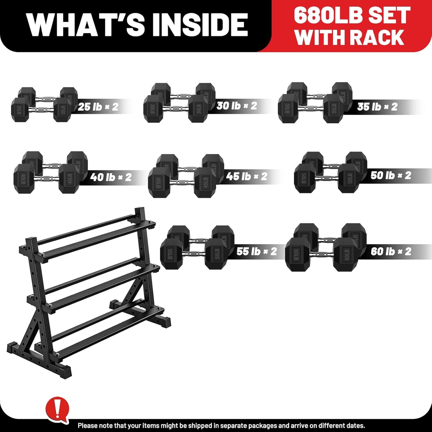 PAPABABE Dumbbell Set with Rack, 540-850lb, Rubber Encased, Home Gym | Complete & Durable Cast Iron Core Odorless PVC Antiroll Hex Shape Ergonomic Chrome Handle Versatile Home Gym