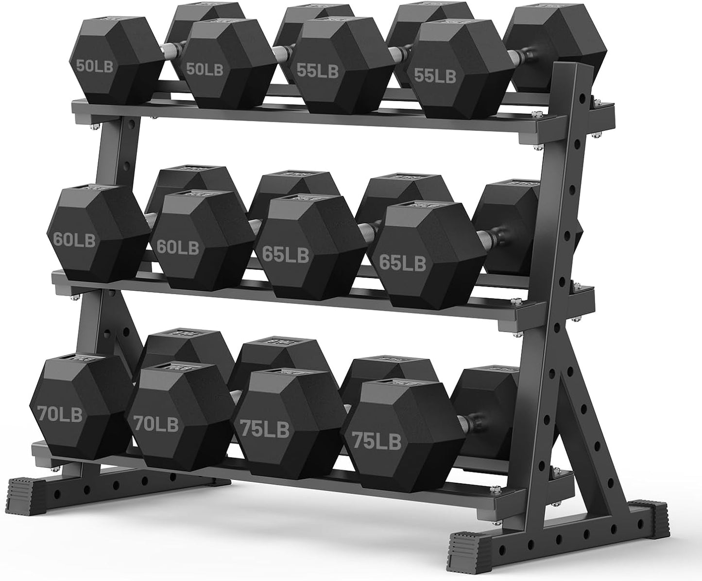 PAPABABE Dumbbell Set with Rack, 540-850lb, Rubber Encased, Home Gym | Complete & Durable Cast Iron Core Odorless PVC Antiroll Hex Shape Ergonomic Chrome Handle Versatile Home Gym