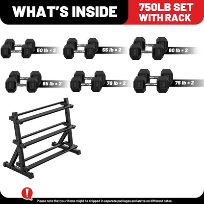 PAPABABE Dumbbell Set with Rack, 540-850lb, Rubber Encased, Home Gym | Complete & Durable Cast Iron Core Odorless PVC Antiroll Hex Shape Ergonomic Chrome Handle Versatile Home Gym