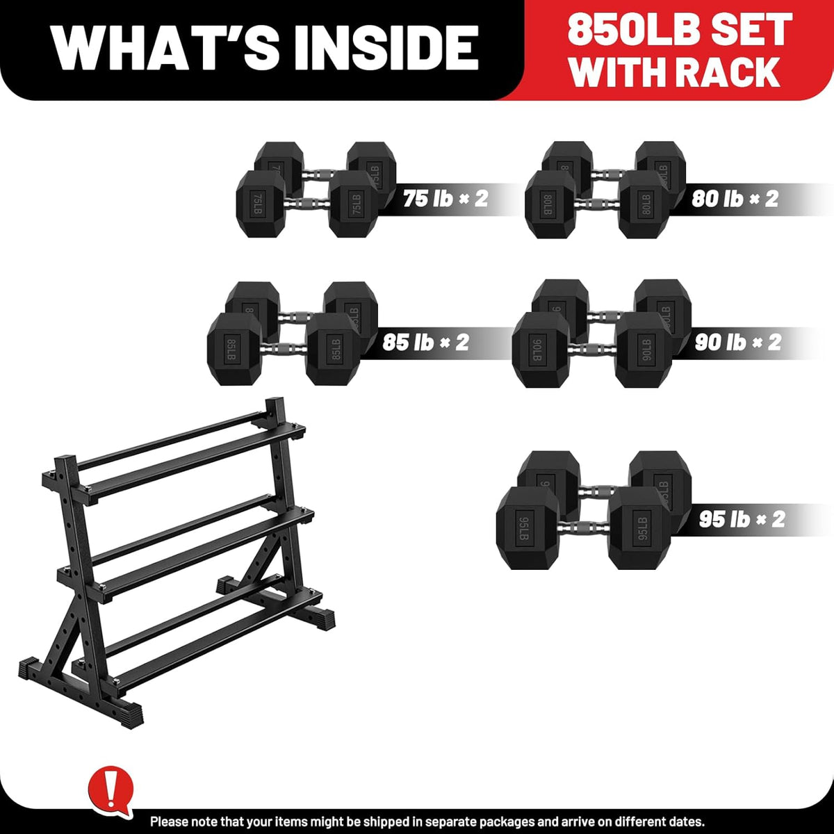 PAPABABE Dumbbell Set with Rack, 540-850lb, Rubber Encased, Home Gym | Complete & Durable Cast Iron Core Odorless PVC Antiroll Hex Shape Ergonomic Chrome Handle Versatile Home Gym