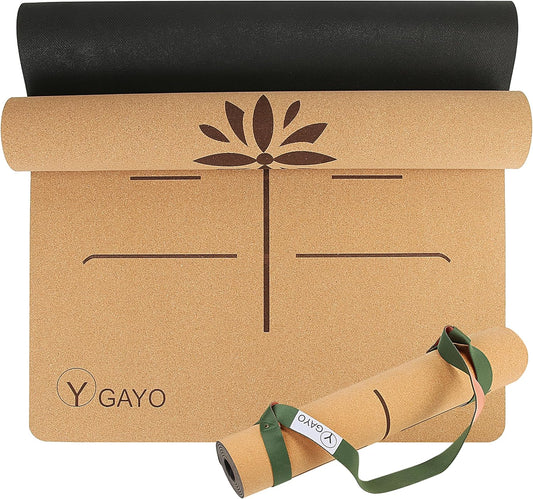 Premium Yoga Cork Mat | 5mm Thick Natural Tree Rubber Base and Bigger Mat for Extra Support, Alignment lines for Guidance | Non-Slip, Sustainable, Your Ultimate Yoga Companion
