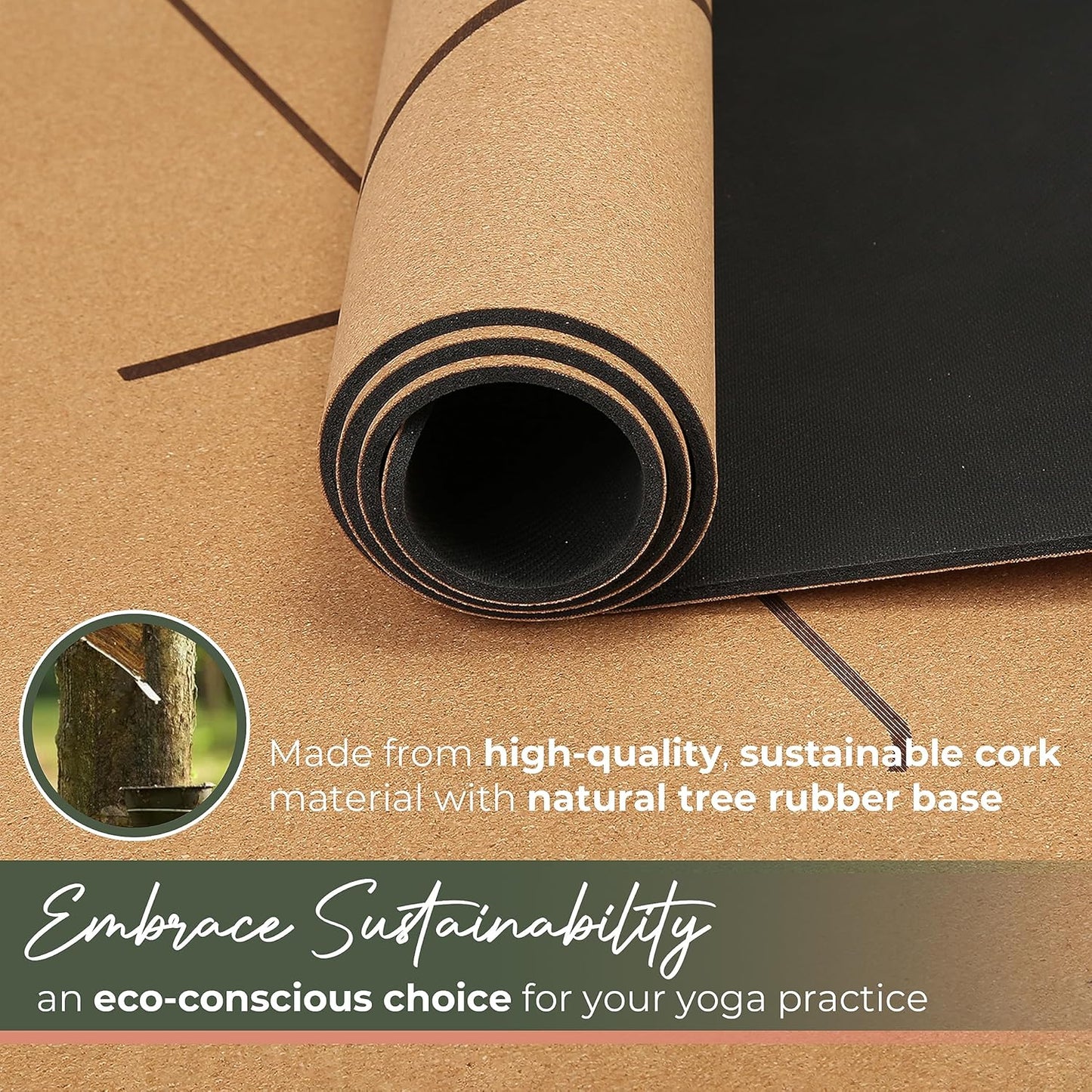 Premium Yoga Cork Mat | 5mm Thick Natural Tree Rubber Base and Bigger Mat for Extra Support, Alignment lines for Guidance | Non-Slip, Sustainable, Your Ultimate Yoga Companion