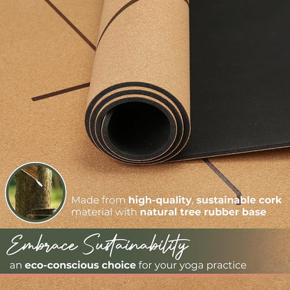 Premium Yoga Cork Mat | 5mm Thick Natural Tree Rubber Base and Bigger Mat for Extra Support, Alignment lines for Guidance | Non-Slip, Sustainable, Your Ultimate Yoga Companion
