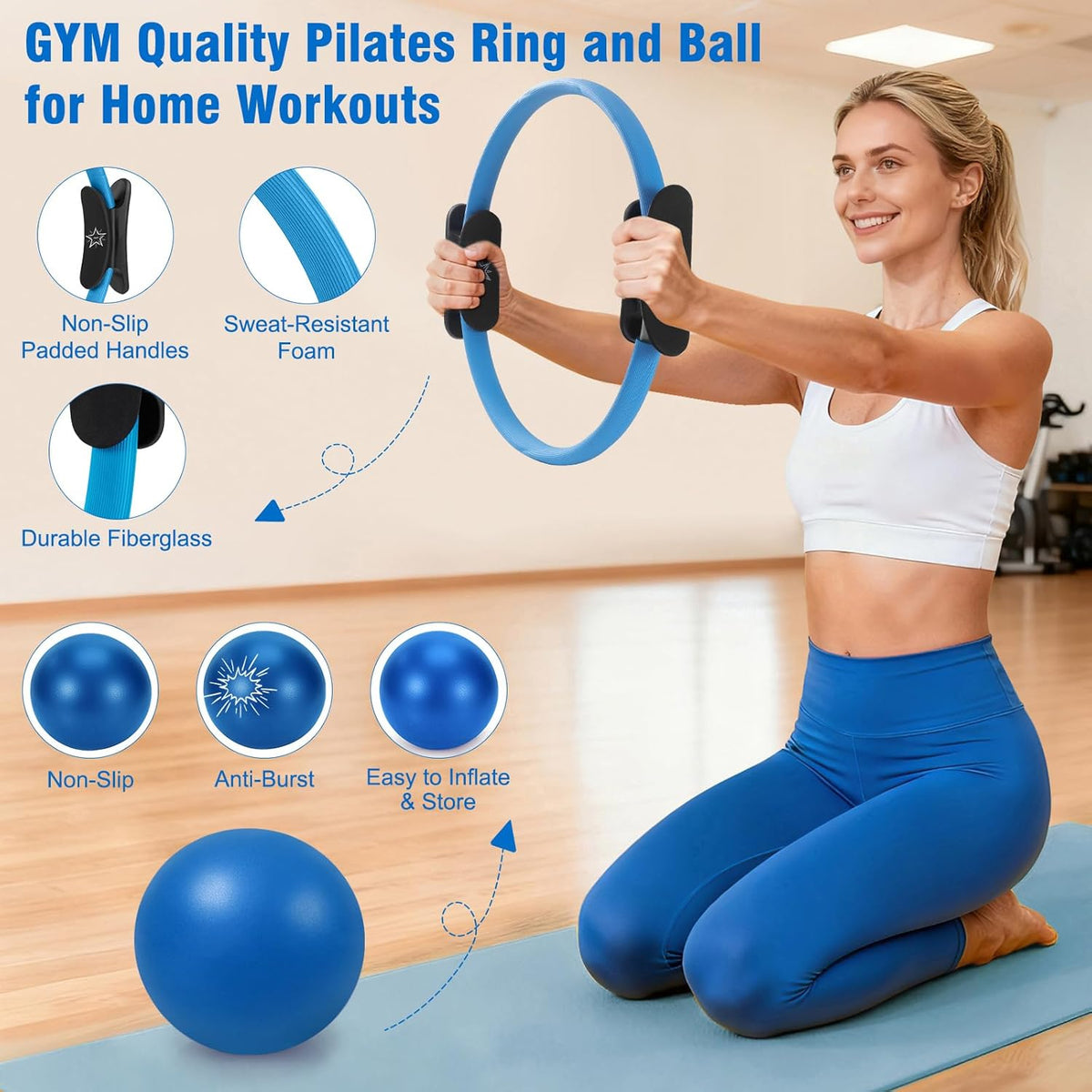 Pilates Equipment Kit for Home Workout, Pilates Ring and Ball Set for Women, 14'' Magic Circle Essentials Accessories Kit, Wrist Weights, Resistance Bands, Yoga Strap, Socks, Bag