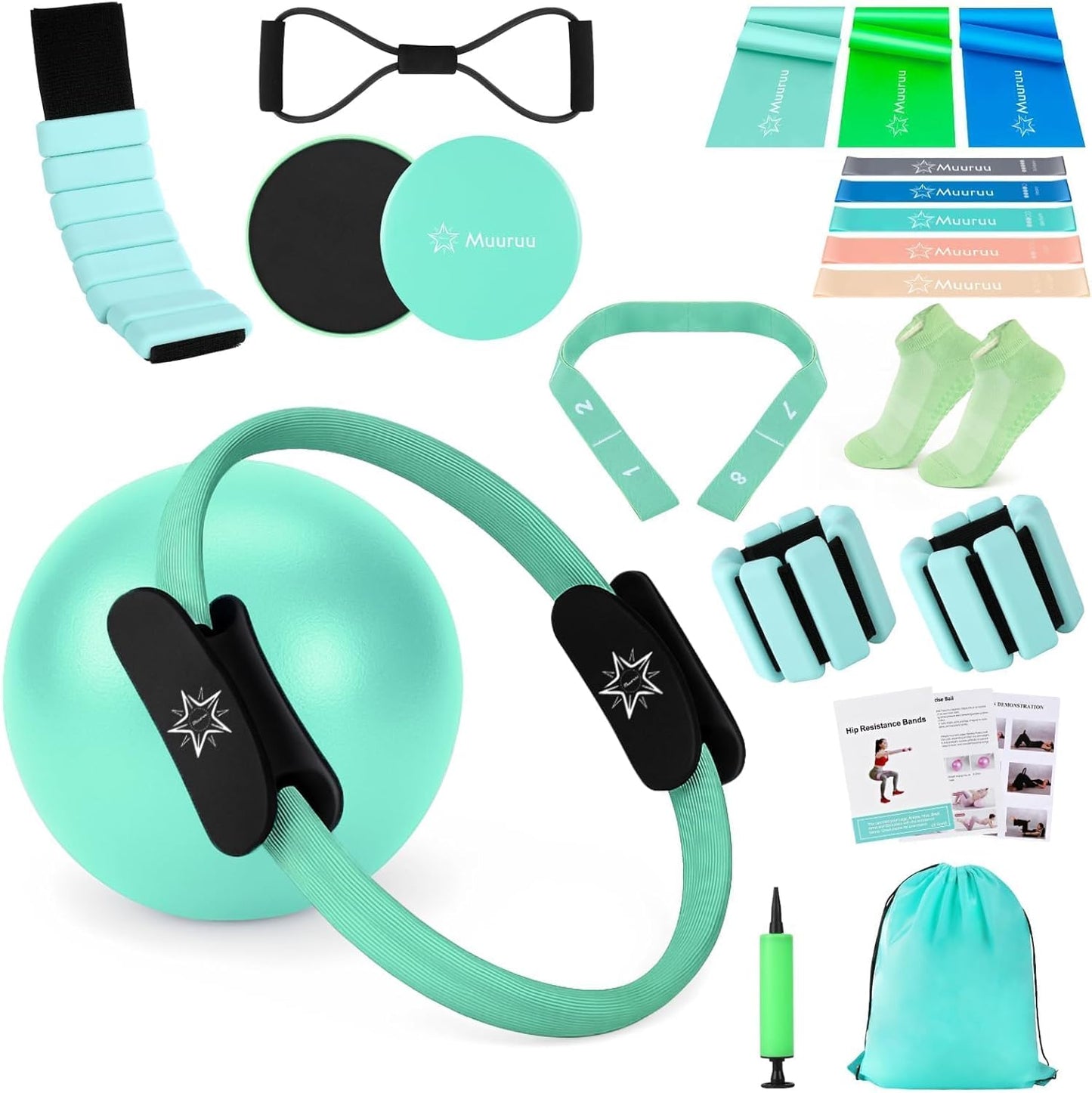 Pilates Equipment Kit for Home Workout, Pilates Ring and Ball Set for Women, 14'' Magic Circle Essentials Accessories Kit, Wrist Weights, Resistance Bands, Yoga Strap, Socks, Bag