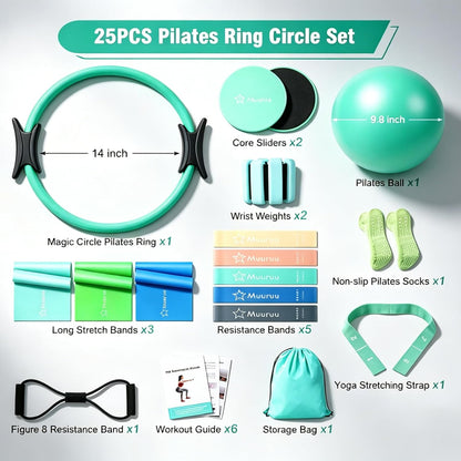 Pilates Equipment Kit for Home Workout, Pilates Ring and Ball Set for Women, 14'' Magic Circle Essentials Accessories Kit, Wrist Weights, Resistance Bands, Yoga Strap, Socks, Bag