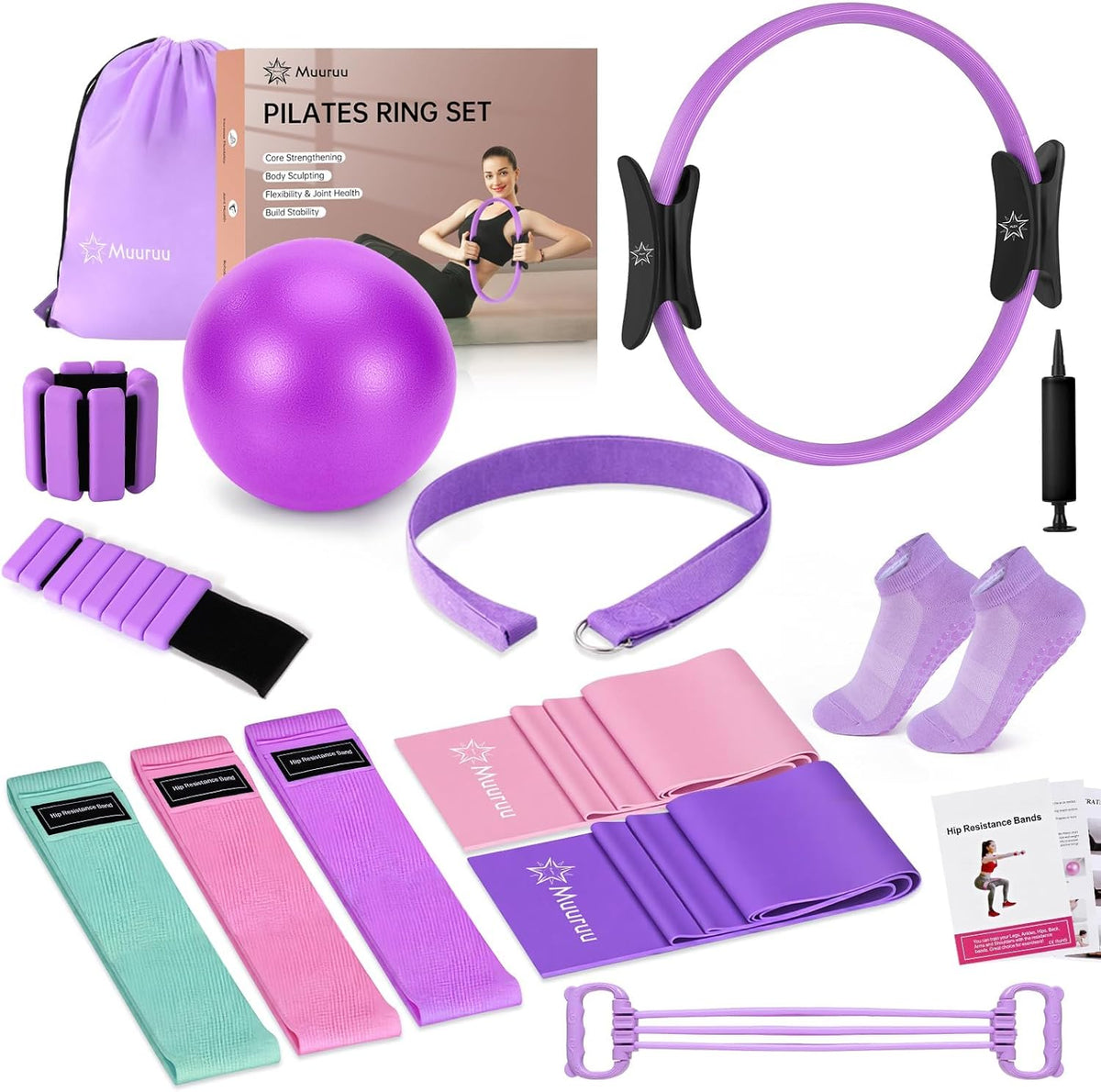 Pilates Equipment Kit for Home Workout, Pilates Ring and Ball Set for Women, 14'' Magic Circle Essentials Accessories Kit, Wrist Weights, Resistance Bands, Yoga Strap, Socks, Bag