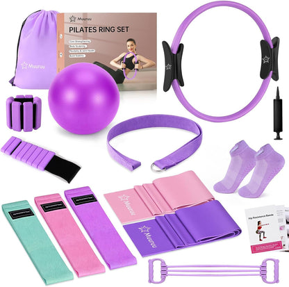 Pilates Equipment Kit for Home Workout, Pilates Ring and Ball Set for Women, 14'' Magic Circle Essentials Accessories Kit, Wrist Weights, Resistance Bands, Yoga Strap, Socks, Bag