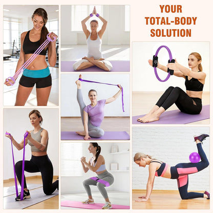 Pilates Equipment Kit for Home Workout, Pilates Ring and Ball Set for Women, 14'' Magic Circle Essentials Accessories Kit, Wrist Weights, Resistance Bands, Yoga Strap, Socks, Bag