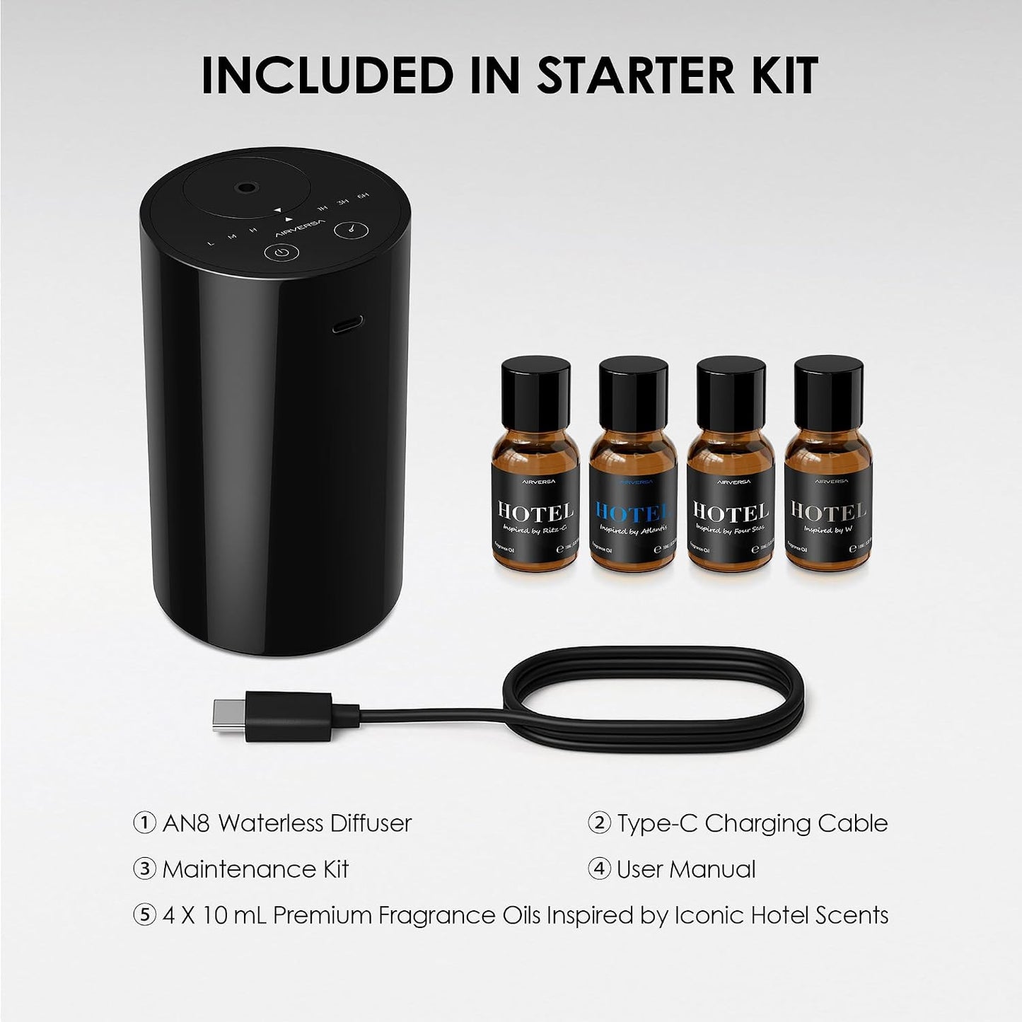 AN8 Waterless Essential Oil Diffuser Starter Kit, Black
