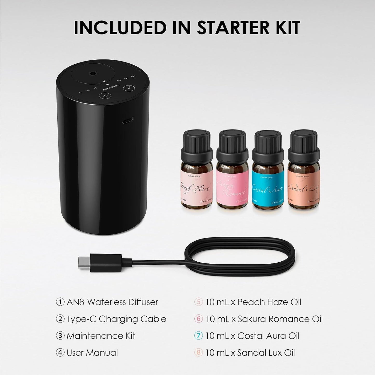 AN8 Waterless Essential Oil Diffuser Starter Kit, Black