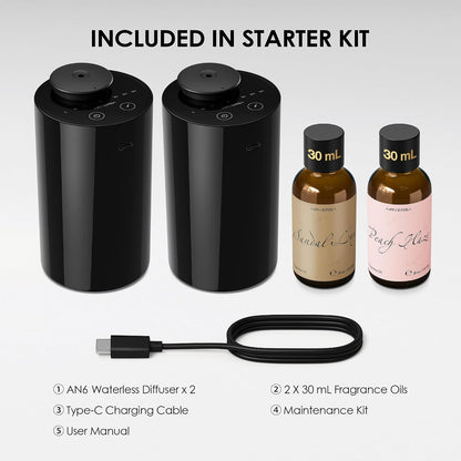 AN8 Waterless Essential Oil Diffuser Starter Kit, Black