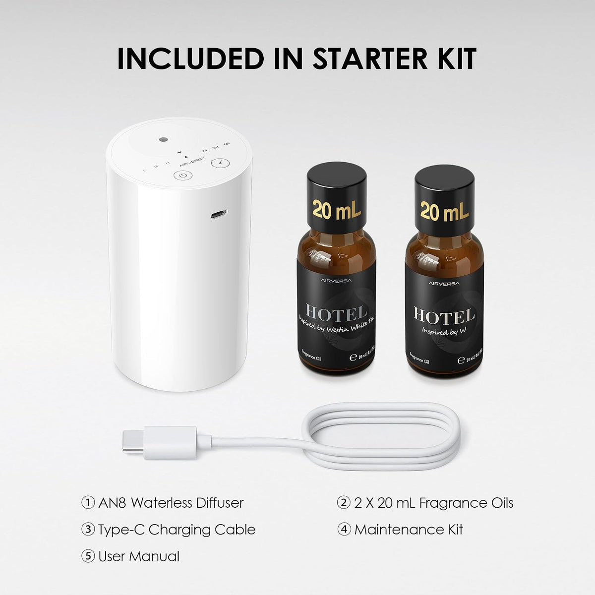 AN8 Waterless Essential Oil Diffuser Starter Kit, Black