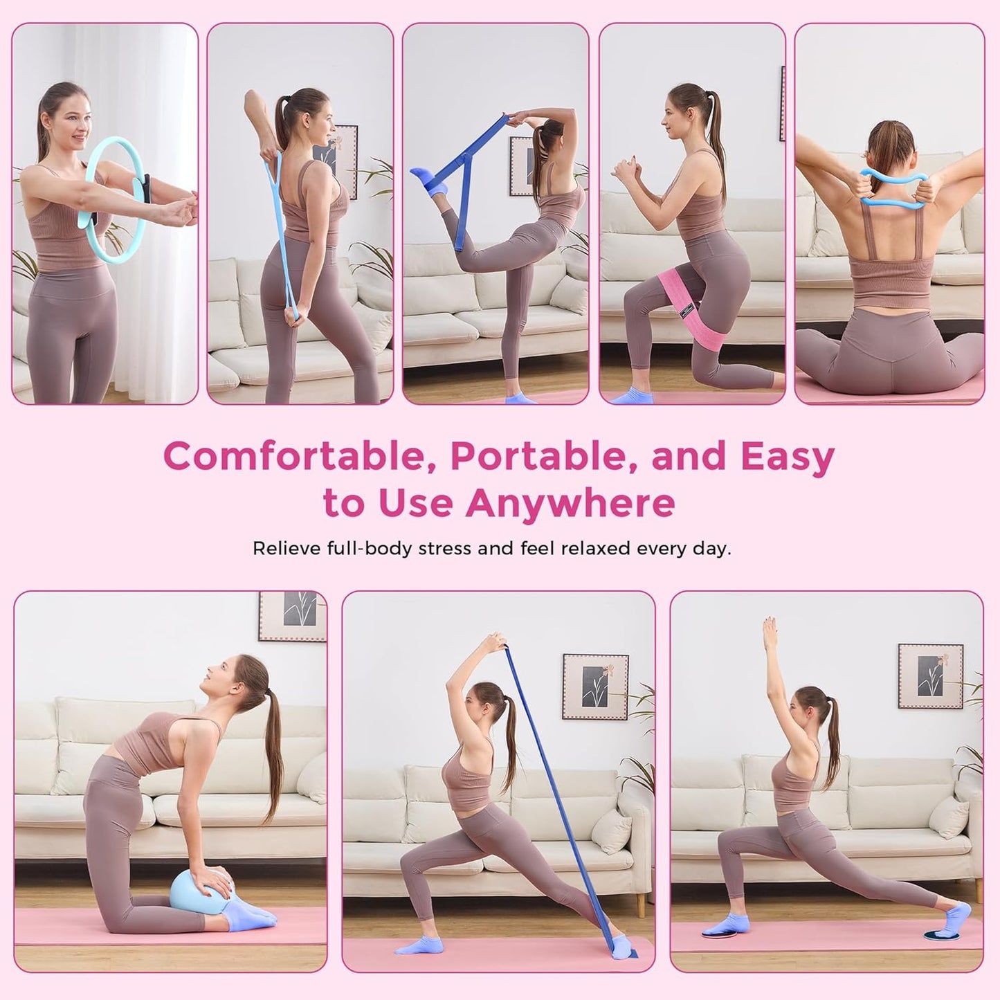 Home Pilates Kit Pilates Equipment Set for Women, Pilates Essentials Kit | Better Yoga Pilates Kit with 14.5" Pilates Ring, Ball, Resistance Bands, Ankle Weights, Dumbbells, Sliders, Yoga Strap Socks