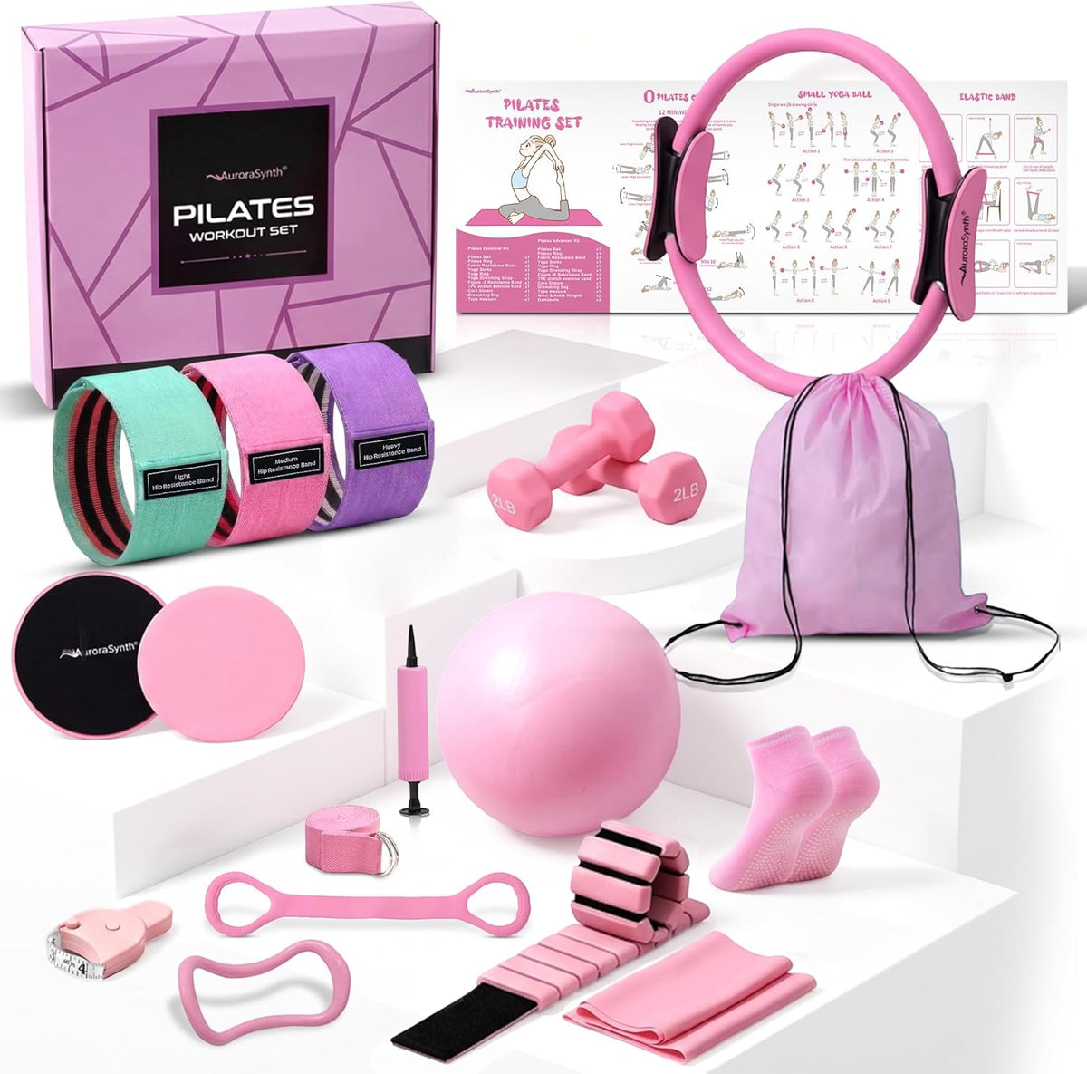 Home Pilates Kit Pilates Equipment Set for Women, Pilates Essentials Kit | Better Yoga Pilates Kit with 14.5" Pilates Ring, Ball, Resistance Bands, Ankle Weights, Dumbbells, Sliders, Yoga Strap Socks