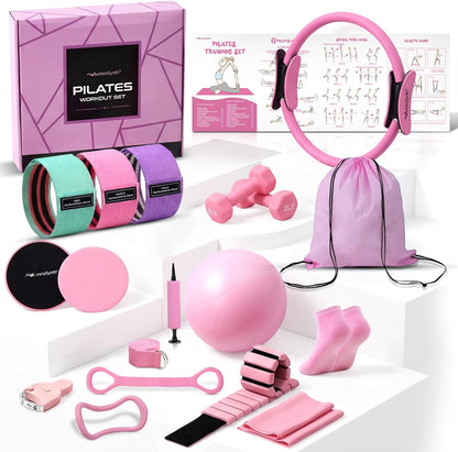 Home Pilates Kit Pilates Equipment Set for Women, Pilates Essentials Kit | Better Yoga Pilates Kit with 14.5" Pilates Ring, Ball, Resistance Bands, Ankle Weights, Dumbbells, Sliders, Yoga Strap Socks