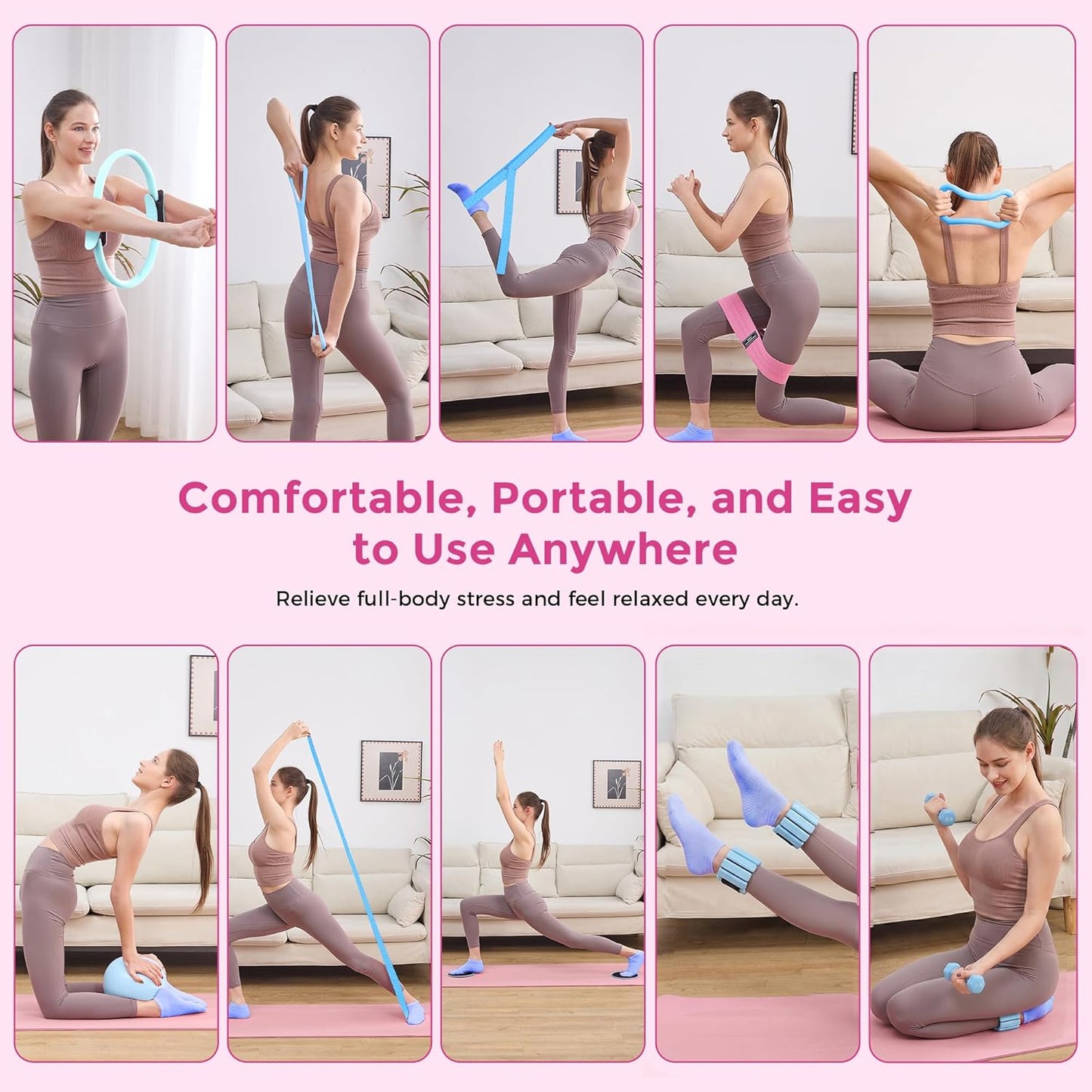 Home Pilates Kit Pilates Equipment Set for Women, Pilates Essentials Kit | Better Yoga Pilates Kit with 14.5" Pilates Ring, Ball, Resistance Bands, Ankle Weights, Dumbbells, Sliders, Yoga Strap Socks