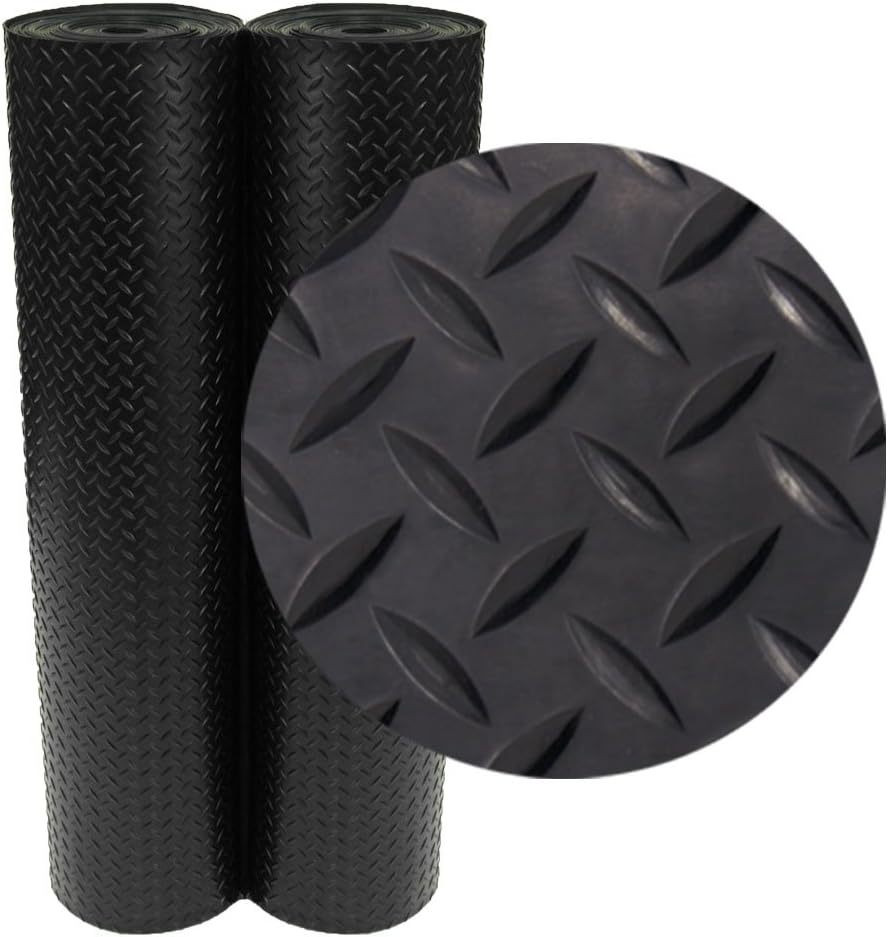Diamond-Plate Rubber Flooring Roll - 3 mm x 4 ft x 2 ft Roll - Black