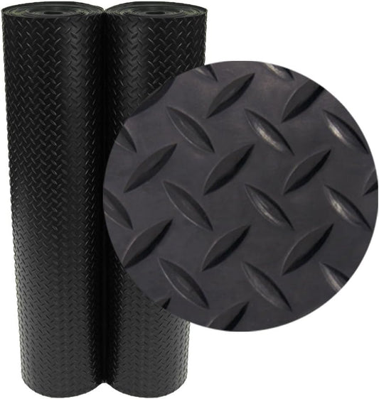 Diamond-Plate Rubber Flooring Roll - 3 mm x 4 ft x 2 ft Roll - Black