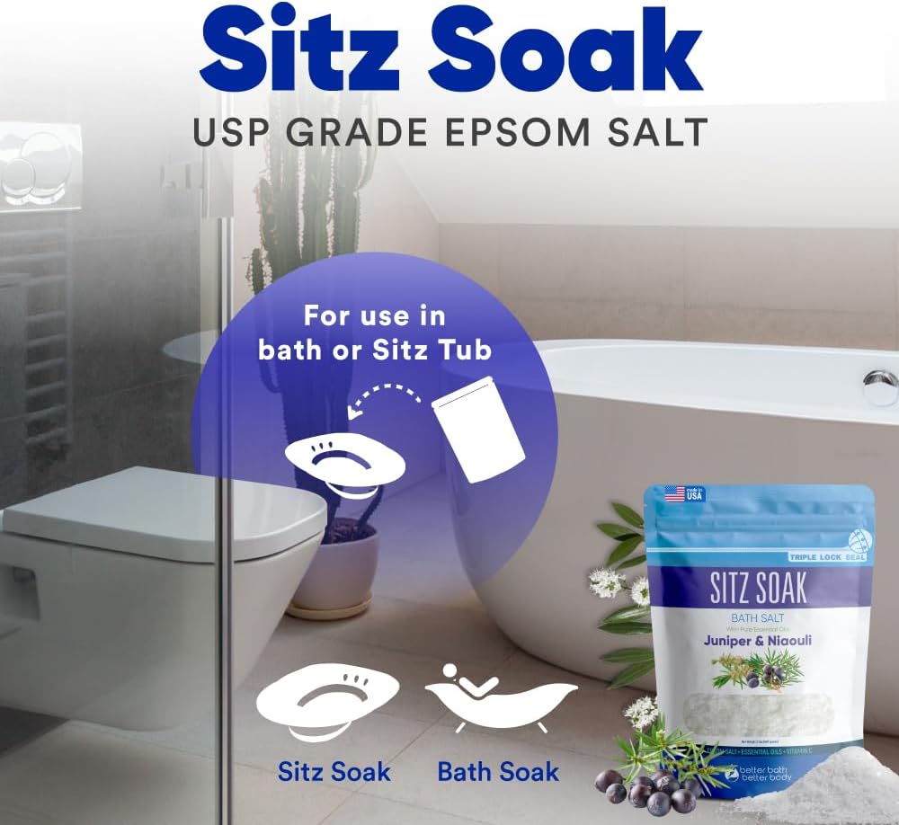 Sitz Bath Soak 2-Lbs Sitz Salt Epsom Salt Hemorrhoid Soothing with Pure Essential Oils in BPA Free Pouch with Press-Lock Seal Made in USA