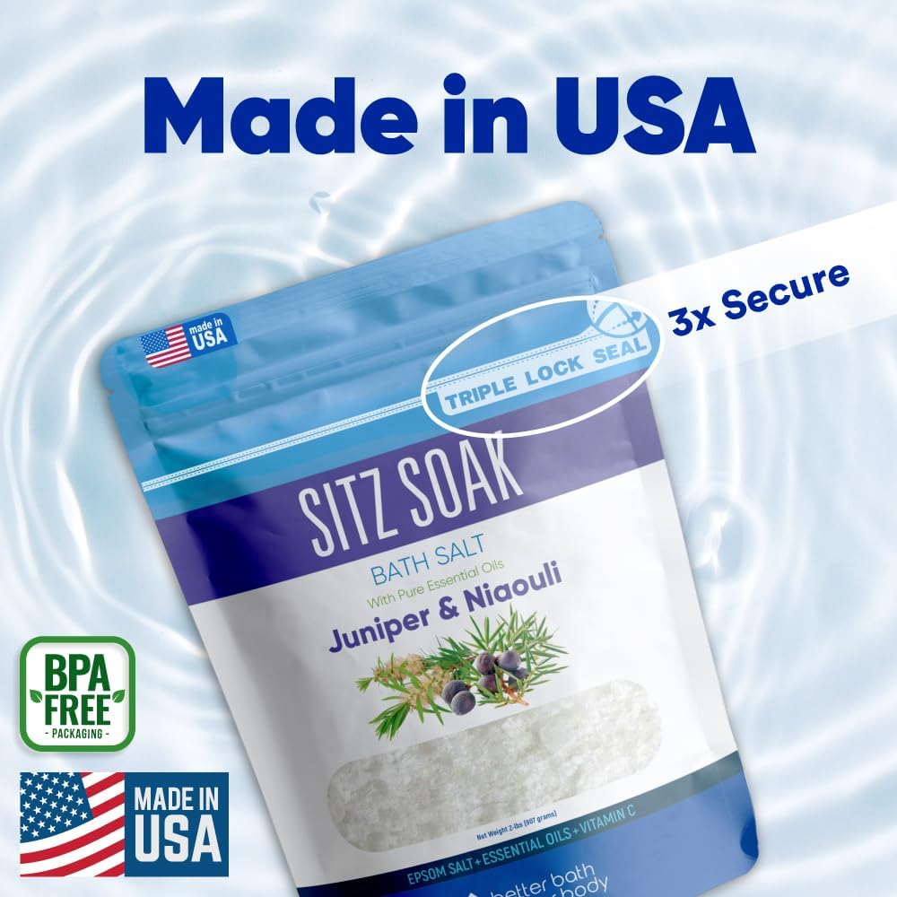 Sitz Bath Soak 2-Lbs Sitz Salt Epsom Salt Hemorrhoid Soothing with Pure Essential Oils in BPA Free Pouch with Press-Lock Seal Made in USA