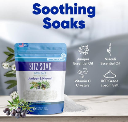 Sitz Bath Soak 2-Lbs Sitz Salt Epsom Salt Hemorrhoid Soothing with Pure Essential Oils in BPA Free Pouch with Press-Lock Seal Made in USA