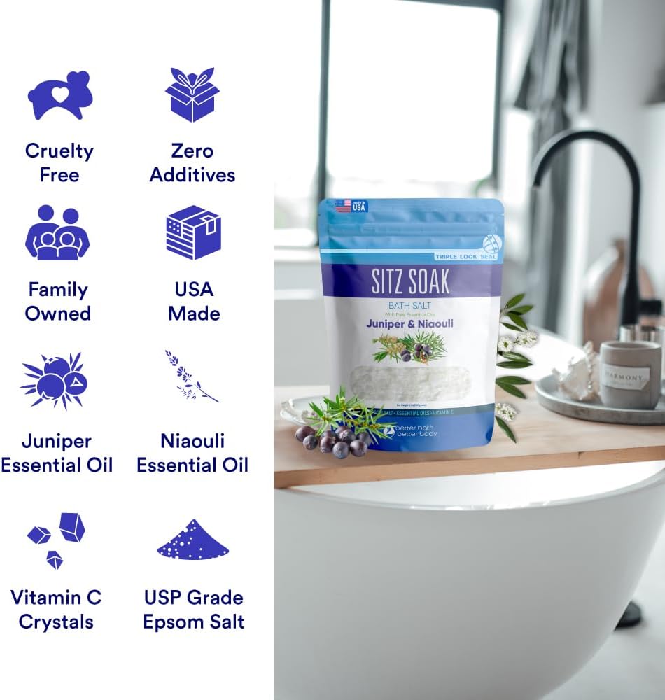 Sitz Bath Soak 2-Lbs Sitz Salt Epsom Salt Hemorrhoid Soothing with Pure Essential Oils in BPA Free Pouch with Press-Lock Seal Made in USA
