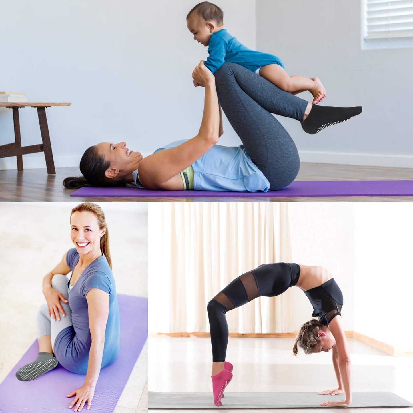 Yoga Grips Non Slip Socks 3 Pairs Pilates Anti Skid Grippers Grippy Ballet Barre Socks for Women