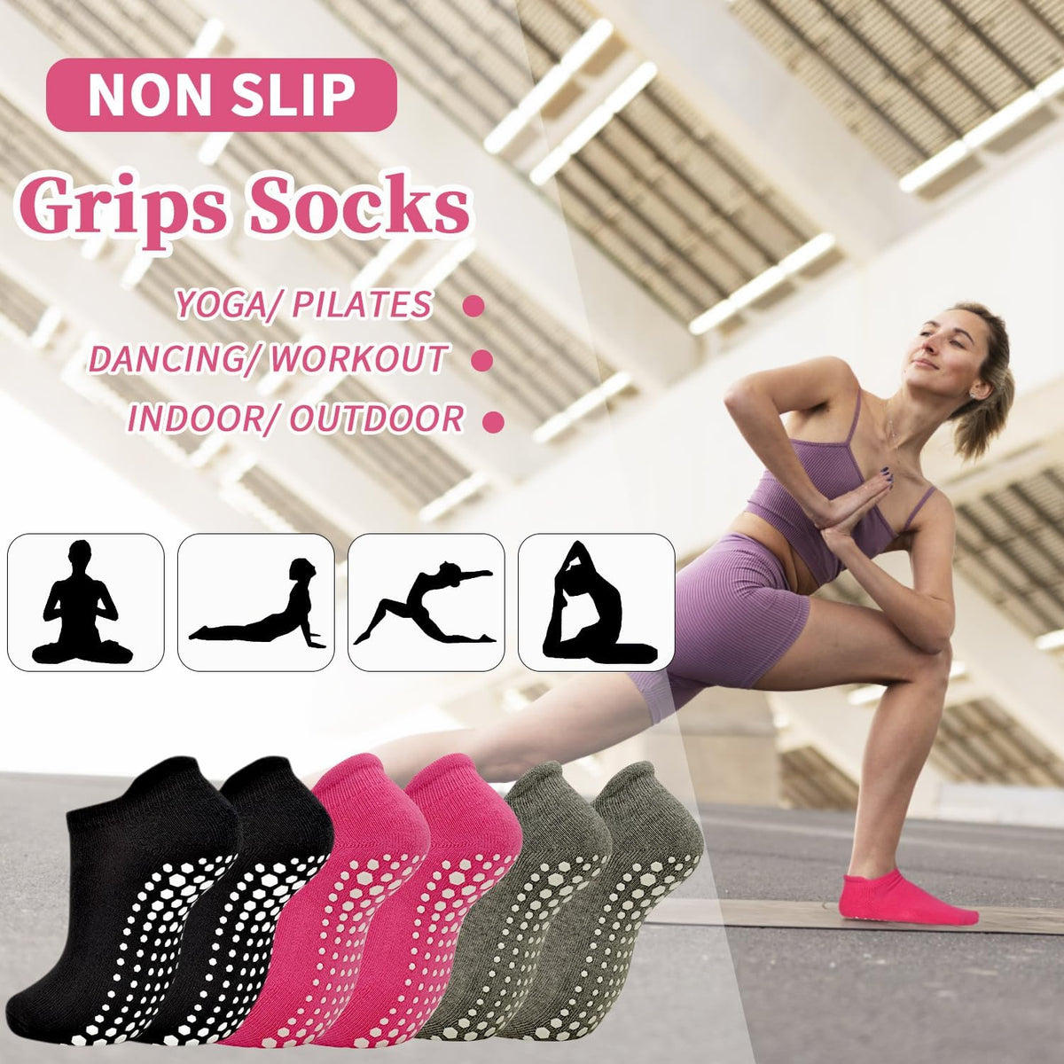Yoga Grips Non Slip Socks 3 Pairs Pilates Anti Skid Grippers Grippy Ballet Barre Socks for Women