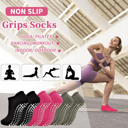 Yoga Grips Non Slip Socks 3 Pairs Pilates Anti Skid Grippers Grippy Ballet Barre Socks for Women