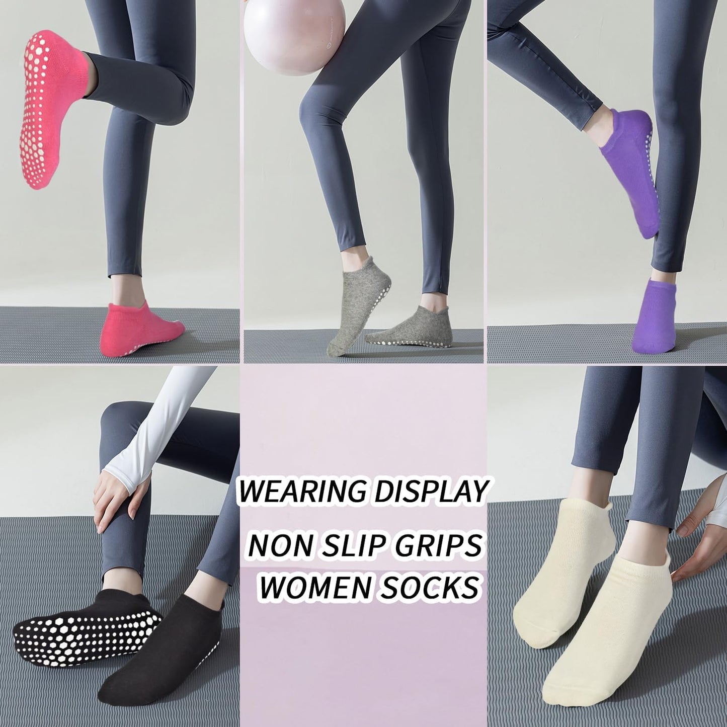 Yoga Grips Non Slip Socks 3 Pairs Pilates Anti Skid Grippers Grippy Ballet Barre Socks for Women