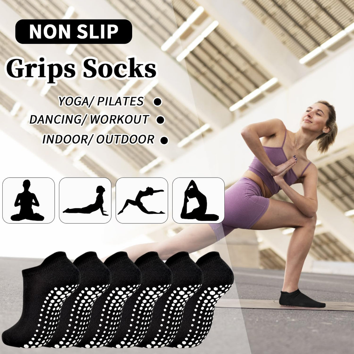Yoga Grips Non Slip Socks 3 Pairs Pilates Anti Skid Grippers Grippy Ballet Barre Socks for Women