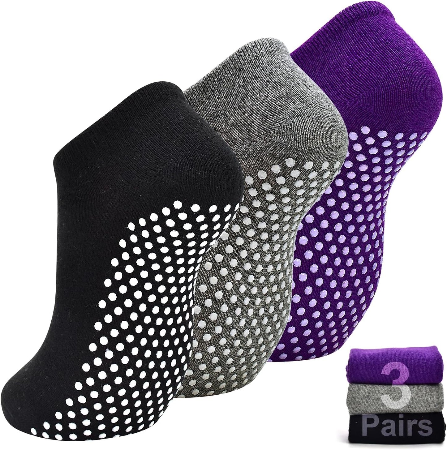 Yoga Grips Non Slip Socks 3 Pairs Pilates Anti Skid Grippers Grippy Ballet Barre Socks for Women