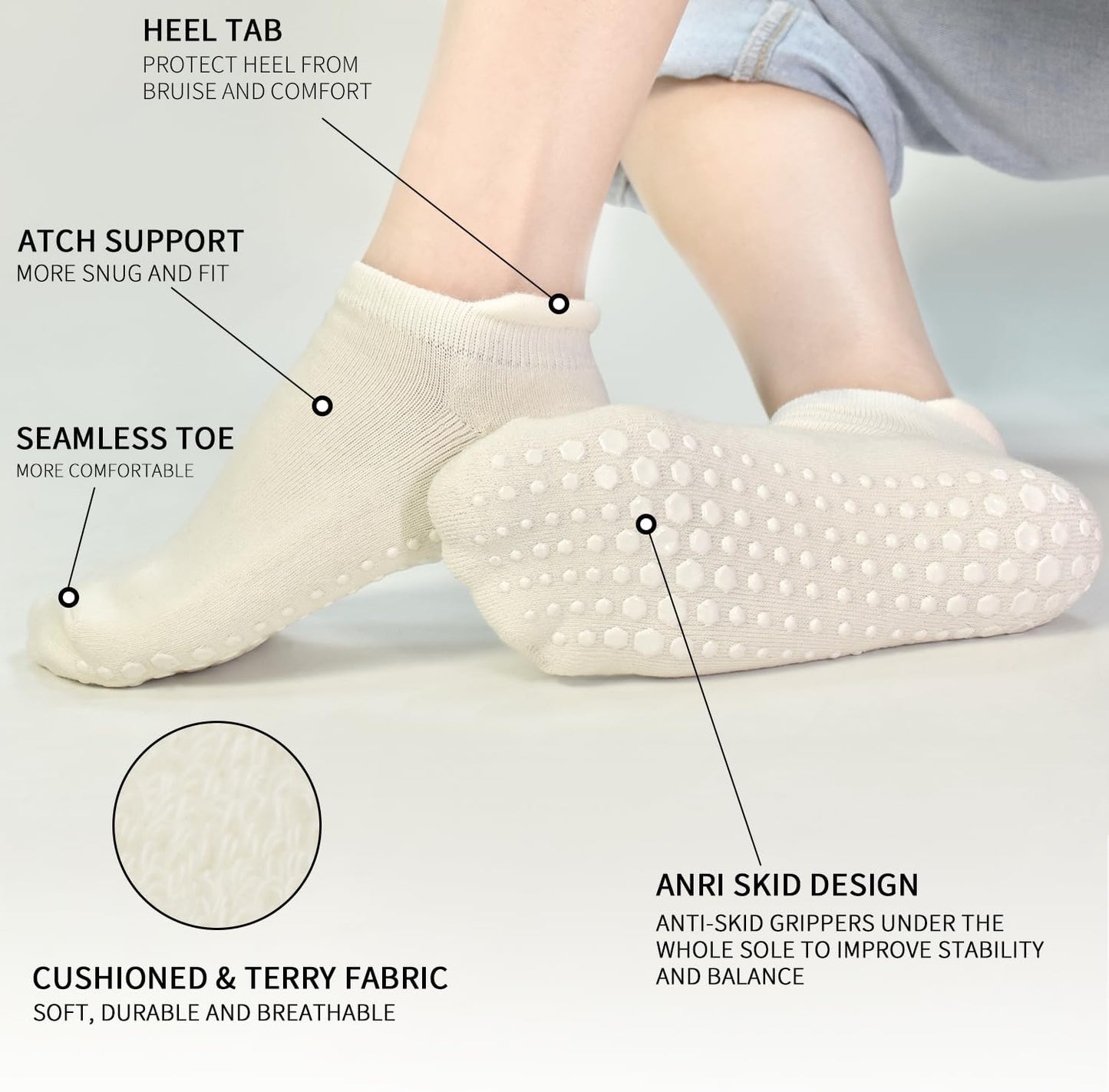 Yoga Grips Non Slip Socks 3 Pairs Pilates Anti Skid Grippers Grippy Ballet Barre Socks for Women